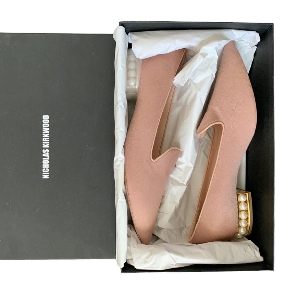 NIB Nicholas Kirkwood Pink Fur Casati Faux Pearl Heel Pointed Toe Loafers